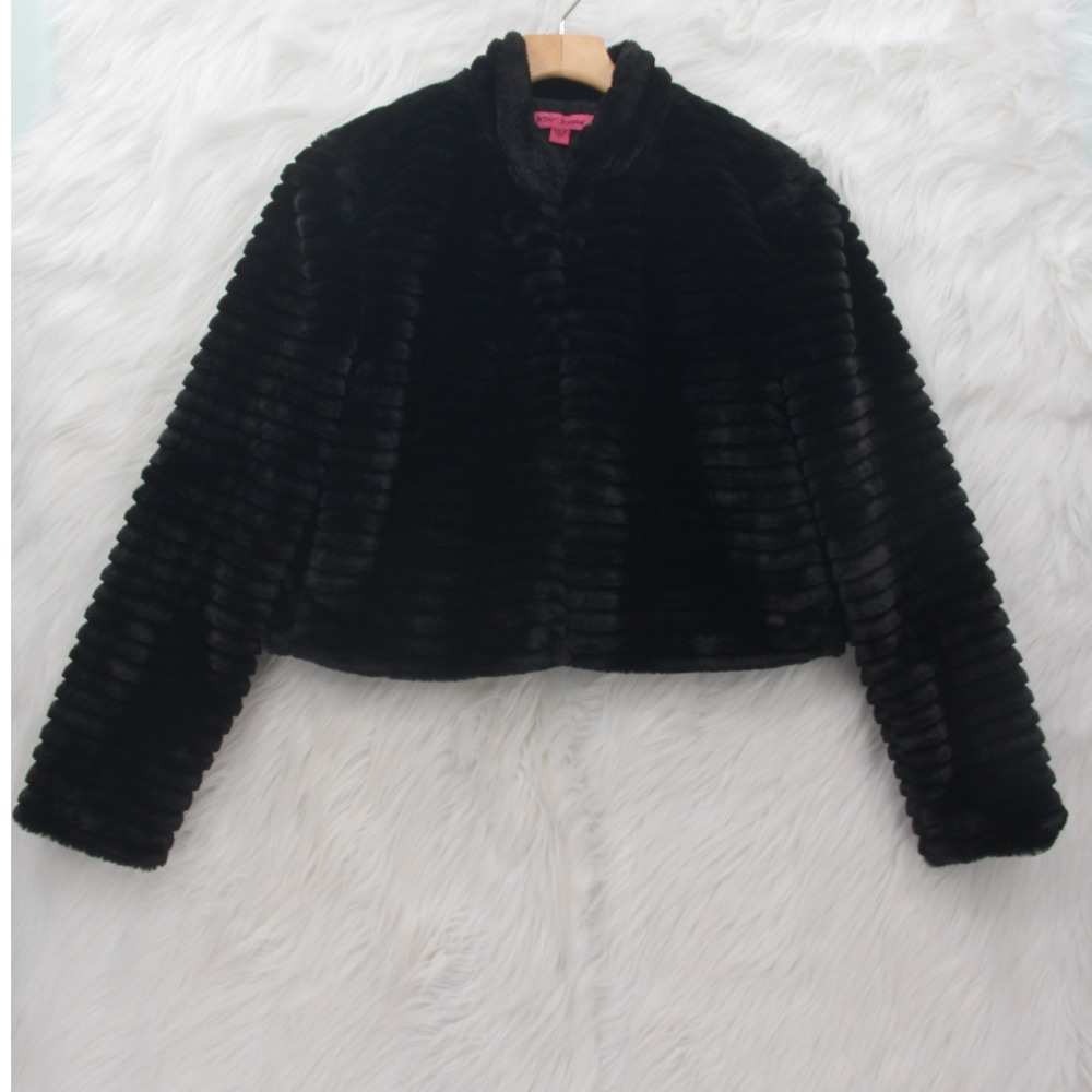 Betsey Johnson Black Faux Fur Women's S Cropped Jacket Mob Wife Y2K Hook Eye
